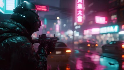 A spy clad in advanced tactical gear against a neon-soaked cityscape, wielding high-tech surveillance equipment in a futuristic espionage thriller