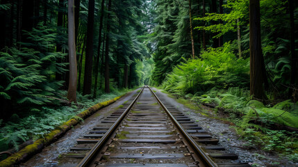 Fototapeta premium Misty railway tracks through a dense green forest. Generative AI