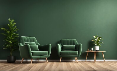  Modern wooden living room with an green armchair on empty dark green wall background, 3D rendering 