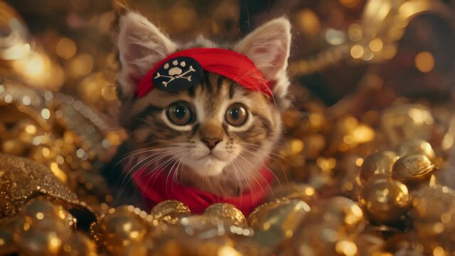 A kitten wearing a pirate eye patch and red bandana sits among a pile of golden treasures with a soft focus background