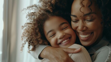 Hug, affection, and girl hugging mother on sofa, happy and smiling at home. Family, child and parent on couch, bond, joyful, loving, and caring in living room