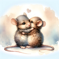 Two adorable mice are depicted in a tender embrace, with the larger mouse wrapping its arms around the smaller one