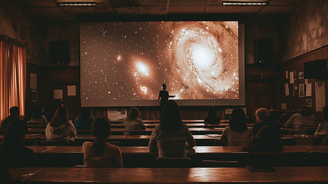 science professor explains how the universe works, big screen, classroom