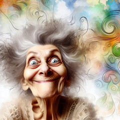 A whimsical elderly lady is portrayed with an exaggerated expression of surprise and joy, complete with wide eyes and a mischievous smile 