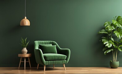  Modern wooden living room with an green armchair on empty dark green wall background, 3D rendering 