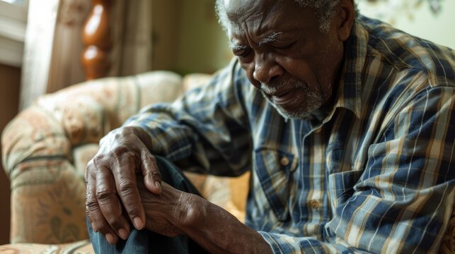 In divorce, breakup, or loss, mature guy touches wedding ring on sofa in home or marriage therapy. Sad, anxiety, or mental health for widower or middle-aged band member