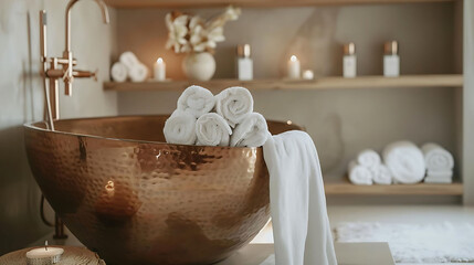 Fototapeta na wymiar luxury spa bathroom with freestanding copper bathtub adorned with white candles, wood shelves, and