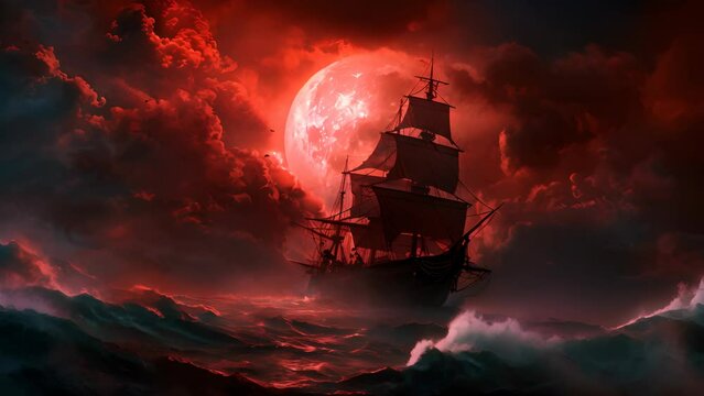 A large ship sails through a stormy sea with a red moon in the background. The sky is filled with dark clouds and the water is choppy. Scene is ominous and foreboding