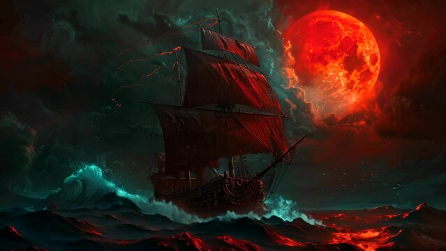 A red ship sails in the ocean with a large red moon in the background. Scene is dark and mysterious