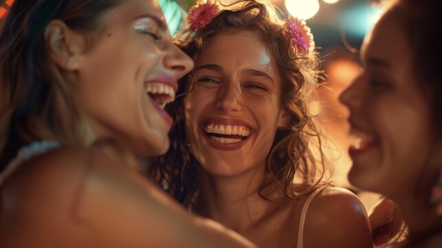 Happy people, portrait or phone selfie on party dance floor in nightclub event, bokeh disco or global celebration. Smile, bonding, or pals on mobile, social media, or profile photo