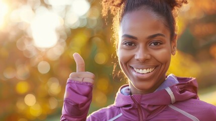 Portrait, thumbs up, black woman outdoors training for fitness, power, and wellness. Young Nigerian athletic and healthy girl with hand signal for success, objectives, or workout