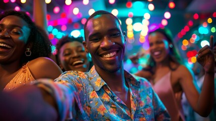 Happy people, diversity, or dancing portrait on dance floor at party, nightclub, or bokeh disco for...
