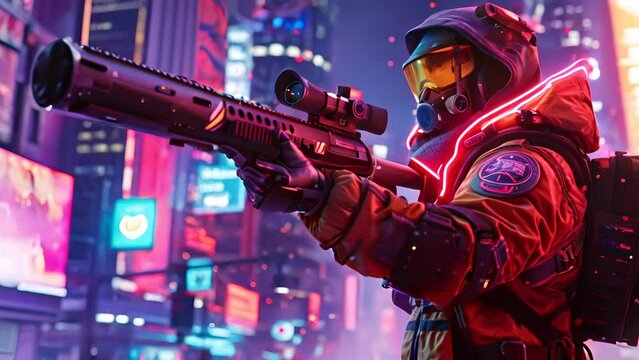 Futuristic soldier in tactical gear aiming a high-tech bazooka in a vibrant, neon-lit metropolis, representing law enforcement in a cyberpunk reality