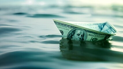 A boat made of paper money floats on the water