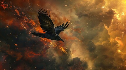 Raven's Flight Through Inferno: Mystique Meets Fire.