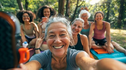 Selfie, fitness, seniors in park, workout, social media, healthcare, retirement group. Diversity women or pals in profile picture and outdoor training gear and happy yoga class