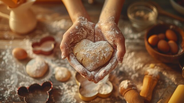Heart, love with hands and dough, teaching and learning baking, parent-child cookie making. Flour, baker, and quality time foster family, bonding, and development.