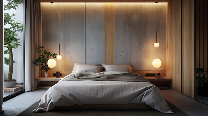 minimalist bedroom with linen bedding and plants, featuring a white bed with pillows, a wood wall,