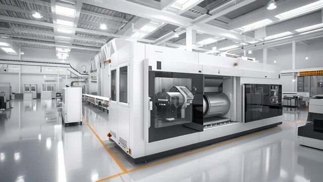 A large white machine with a black door sits in a large white room