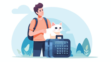 Pet owner carrying kitty in cat carrier. Person goi