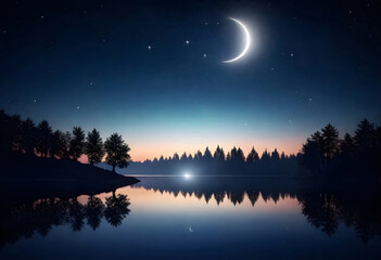 a crescent moon shining and a tree are reflected in the water on night background