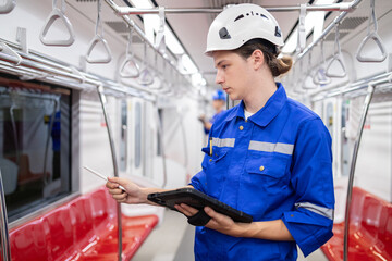 Portrait of young engineer of electric locomotive holding tablet in train