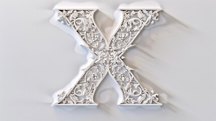 The letter "X" depicted with intricate detail, symbolizing versatility and elegance on the backdrop of pure white.
