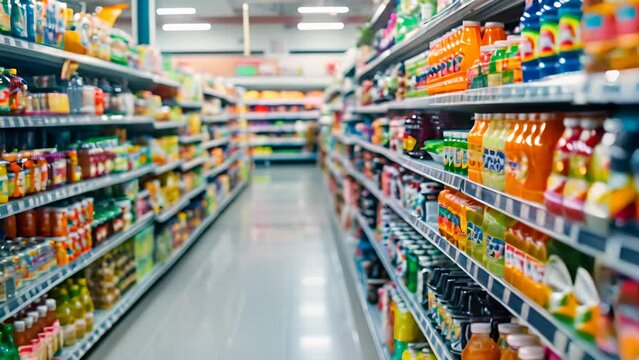 A store aisle with many different types of drinks on the shelves. The store is brightly lit and the drinks are arranged in rows