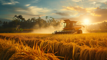Fototapeta premium Rice harvester to harvest rice fields working in Thailand. Agricultural machinery saves labor. Generative AI.