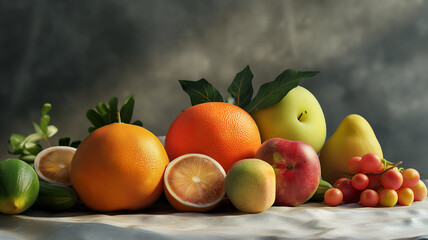 Pile of various types of fresh organic fruits ( green apple, orange, apple, pear and grapes fruit ) isolated on white background.generative Ai