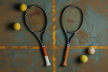 Above: two tennis rackets and balls on an empty sports club court. Black and white tennis clothing on asphalt from above. Prepared to compete against an opponent