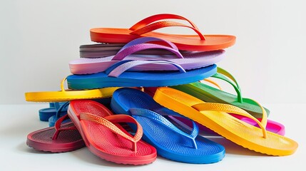 A collection of flip-flops in various colors, stacked on top of each other, displayed against a white background.