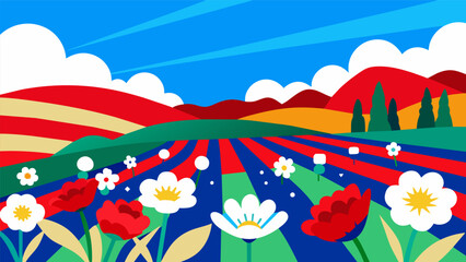 The farms fields are littered with colorful wildflowers showing off a beautiful array of red white and blue shades representing the colors of the. Vector illustration