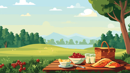 Picnic outdoor relax vector illustration. food and