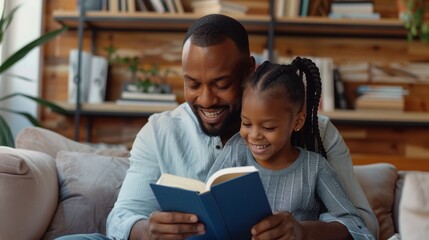 Obraz premium Reading, teaching, learning bible tale, questioning, and education in living room with grandfather and child. Black or older guy and child narrative, spiritual growth and help