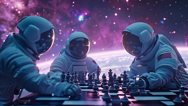 Three astronauts are playing chess in space. The game is being played on a board with black and white squares