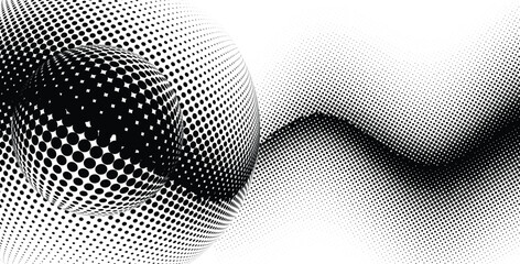 Vector illustration of a monochrome gradient halftone dots background in wave form. Abstract grunge dots on a white backdrop.