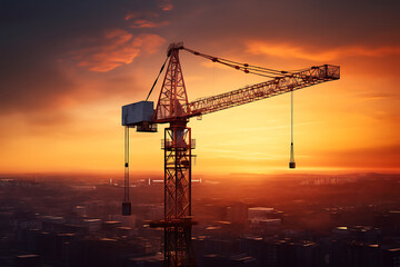tower crane at a bright sunset, above a bustling cityscape under construction. Generative AI
