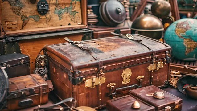 A collection of old trunks and suitcases, including a brown suitcase with a globe on top