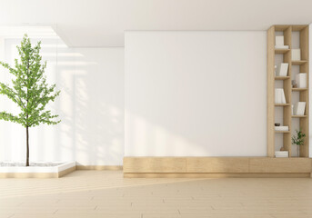 Morning light and trees outside the bare glass wall. Inside there is a Modern minimalist living room with a TV cabinet and built-in bookshelf. Wood floor and white wall. 3D rendering