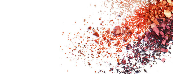 Exploding cosmetics. Vibrant shades of pink and brown and orange eyeshadow with glitter accents. Banner. Generative AI