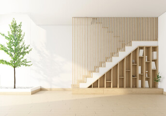 Morning light and trees outside the bare glass wall. Inside there is a Modern minimalist living room with a TV cabinet and built-in bookshelf. Wood slat wall and stairs. 3D rendering