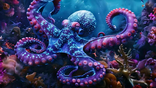 A colorful octopus is swimming in a sea of coral. The scene is vibrant and lively, with the colors of the octopus