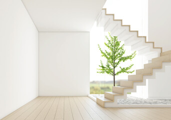 Morning light and trees outside the bare glass wall. Inside there is a empty room with minimalist stairs. White wall and wood floor. 3D rendering