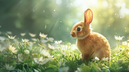 A cute little rabbit grazing in a grassy garden.