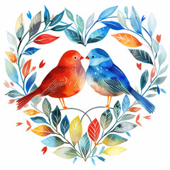  two birds in love, standing on a heart. The background is white. This design could represent sweet moments between lovers or the beauty found within nature's embrace. Valentin Day cards
