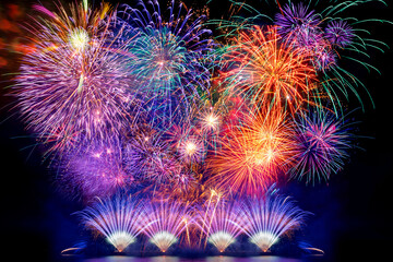 colourful firework display set for celebration happy new year and merry christmas and  fireworks on black background