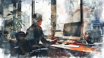 A creative digital artwork depicting professionals engrossed in their workflow, set against a backdrop of an abstract, vibrant cityscape