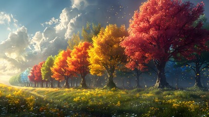 the breathtaking beauty of a fantastical landscape adorned with a row of majestic trees, each bursting with vibrant colors reminiscent of the autumnal rainbow