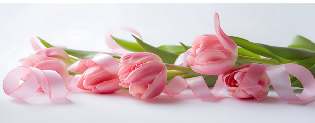 Tender pink tulips with ribbon on a white background - obrazy, fototapety, plakaty